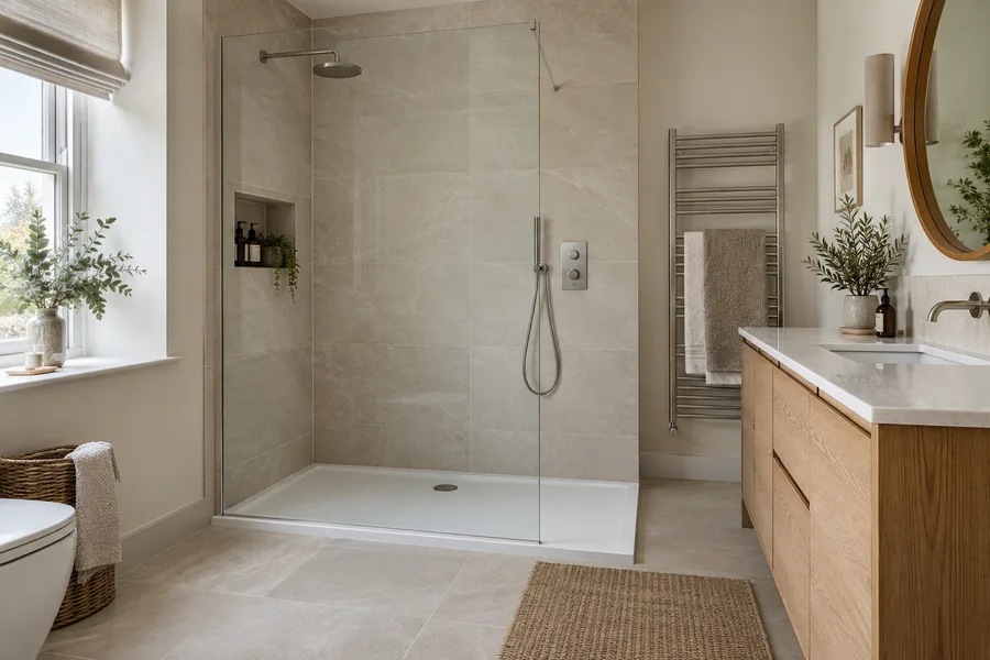 Walk-in shower with glass screen, low tray and oak vanity