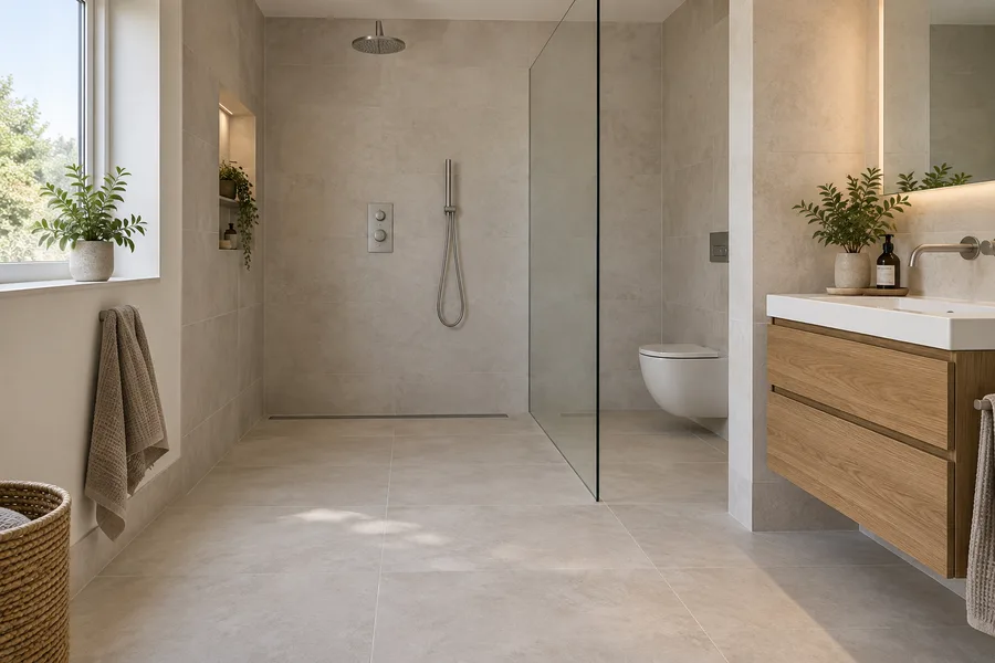 Wet room with level tiled shower entry, glass screen and linear drain